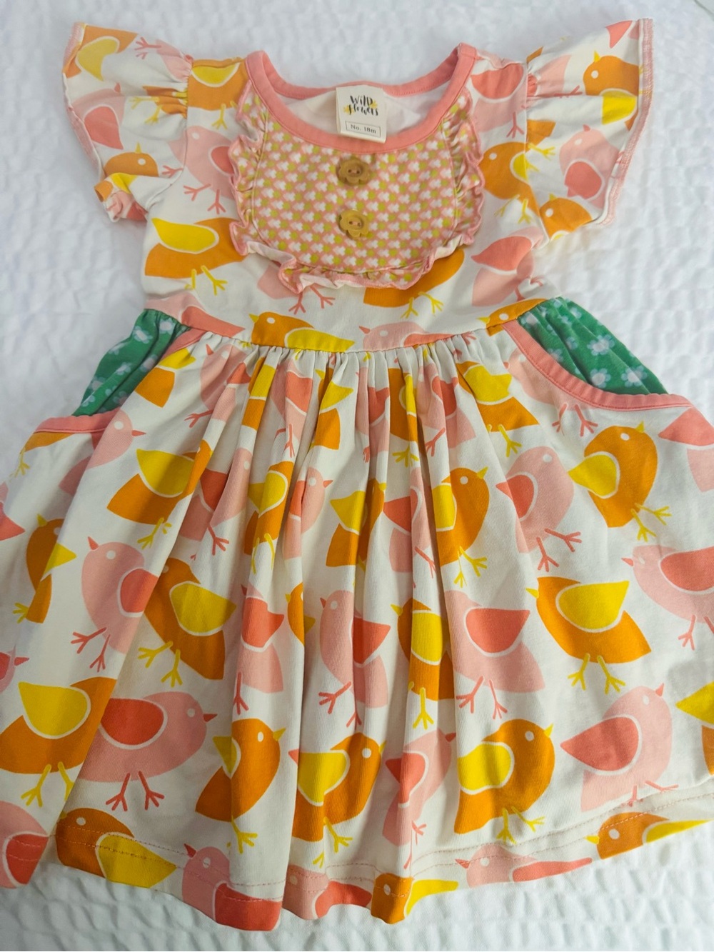 Wildflowers Pink Yellow Orange Bird Print Cotton Dress